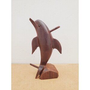 Vintage Hardwood Dolphin Statue Wood Carving, Rustic Nautical Beach Home Decor